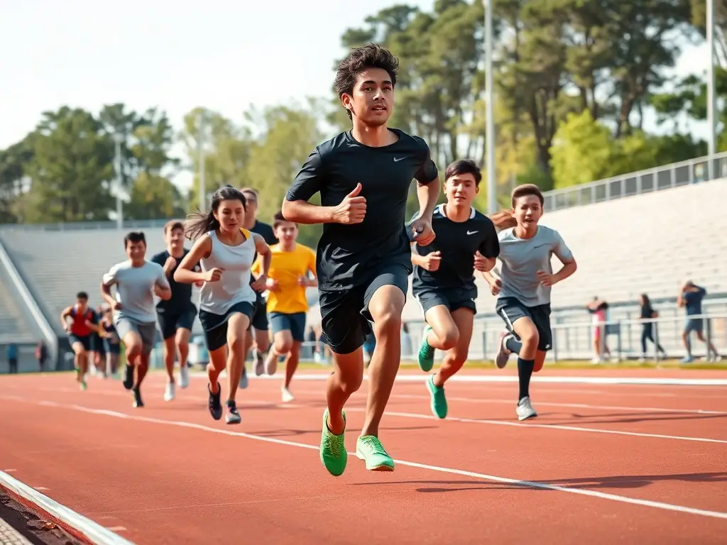 A photograph of students participating in a track and field event, showcasing their speed, agility, and determination in various athletic disciplines.