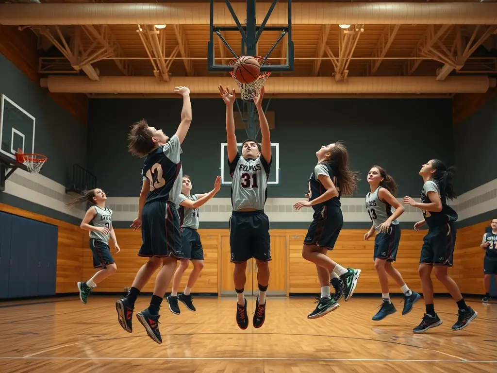 A dynamic shot of students enthusiastically participating in a basketball game in the school gymnasium, showcasing the energy and teamwork fostered by ASJA's programs.