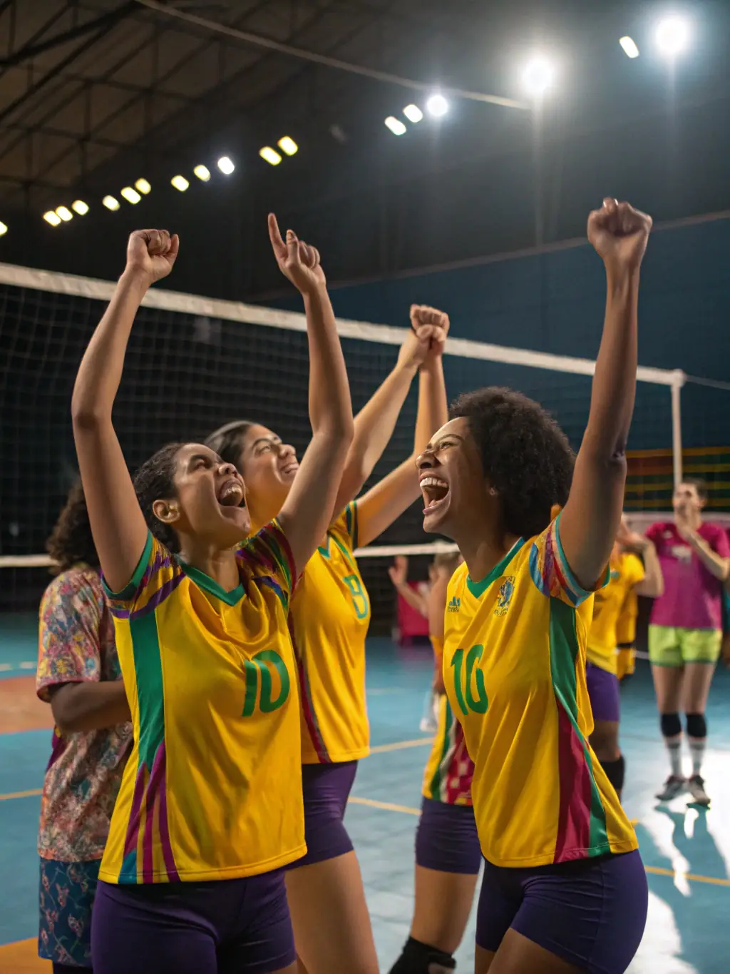 A photo of students celebrating a victory in a volleyball match, showcasing the joy and camaraderie of sports.