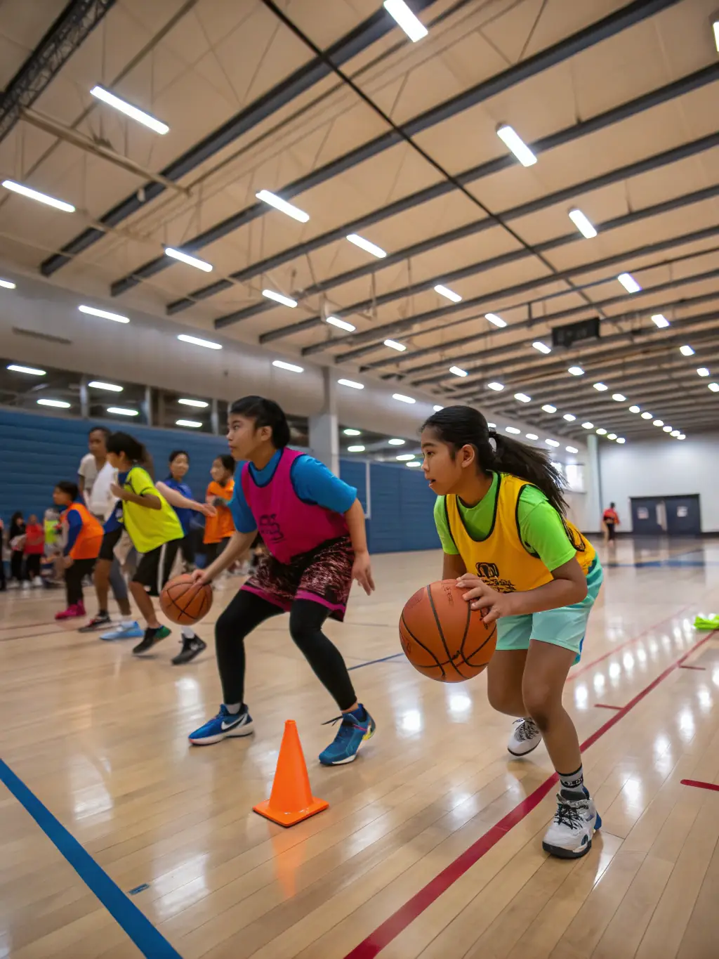 A group of students playing basketball in the school gymnasium, focusing on teamwork and skill development during an ASJA-organized practice session.