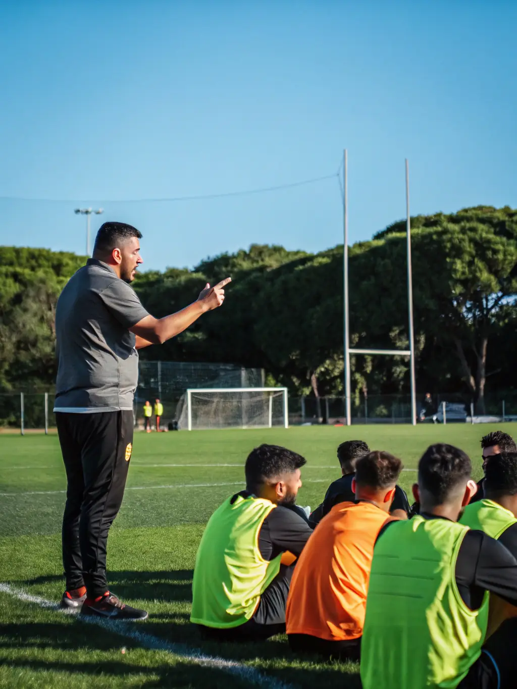 A picture of a coach guiding students during a football training session, highlighting personalized skill development.